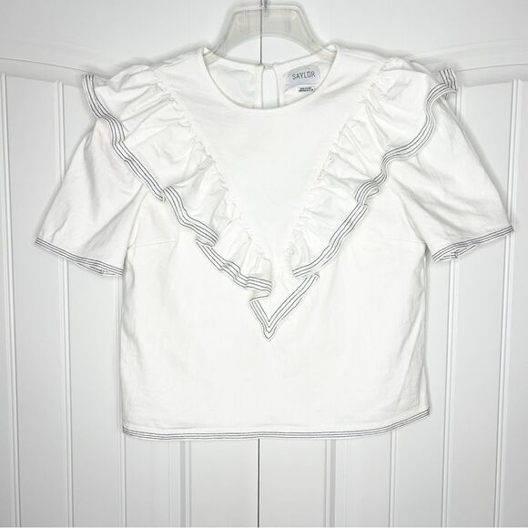 Saylor White Denim Ruffle Front Top Harriette Size Large Nautical Girly - Picture 5 of 8